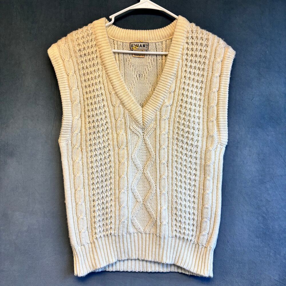 Vintage Evian Cable Knit Sweater Vest Cream V-Neck Preppy Coastal Uncle Phil